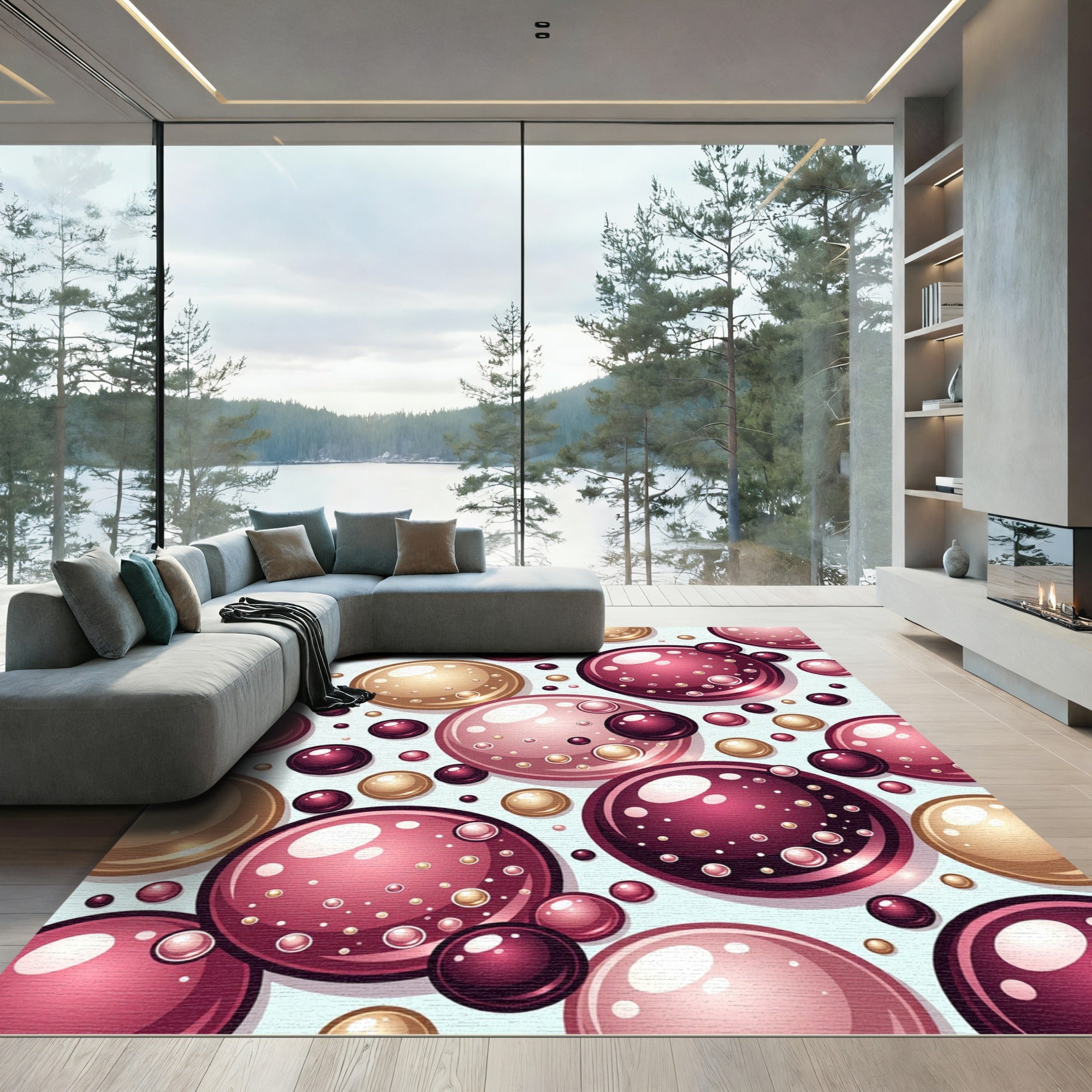 Modern Rose Gold and Burgundy Bubbles Rug