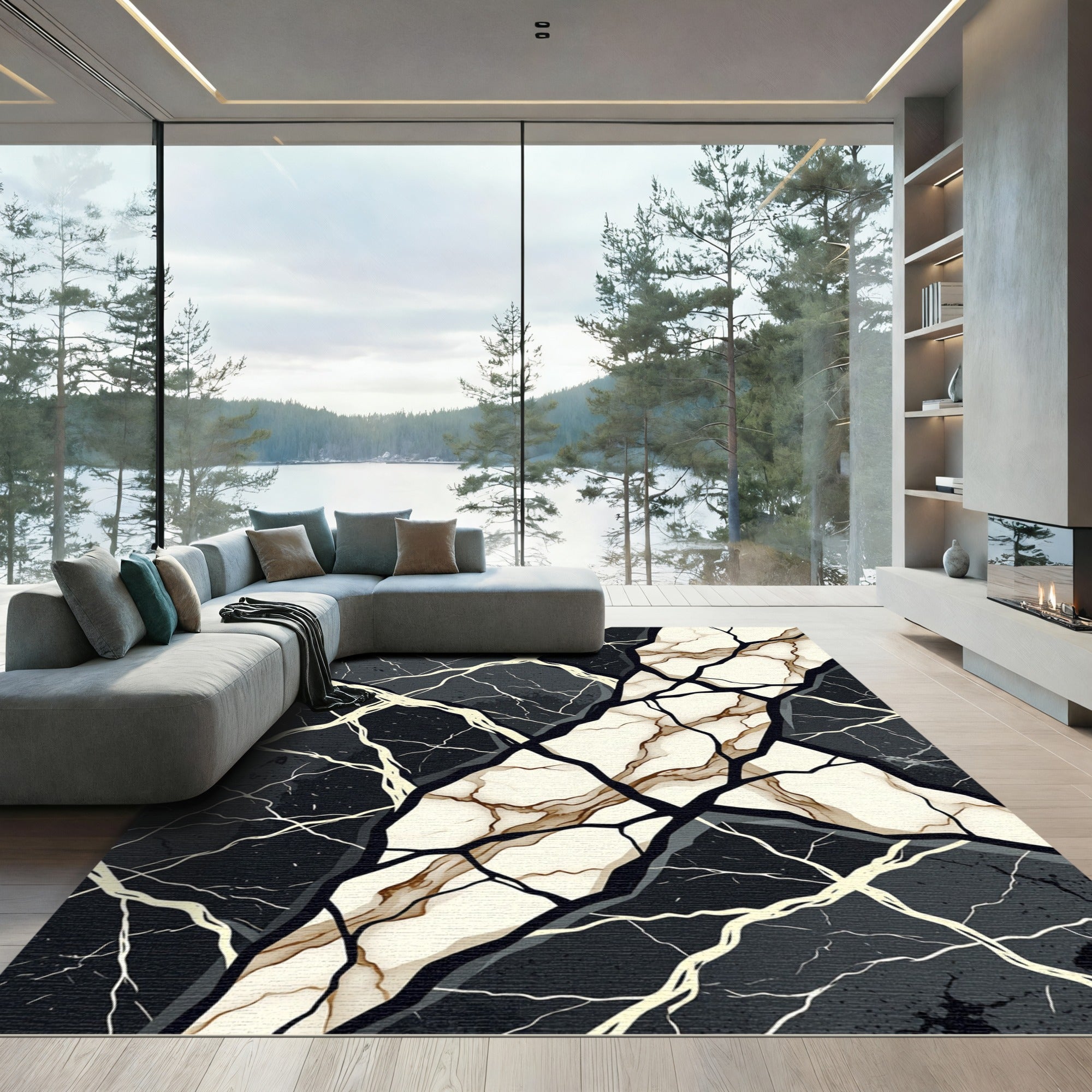 Modern Black and White Geode Abstract Rug