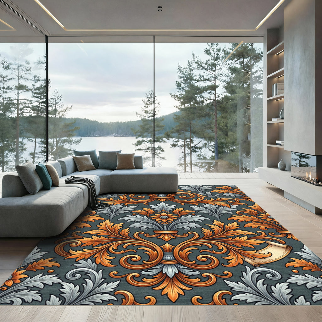 Ornate Gold and Silver Damask Rug