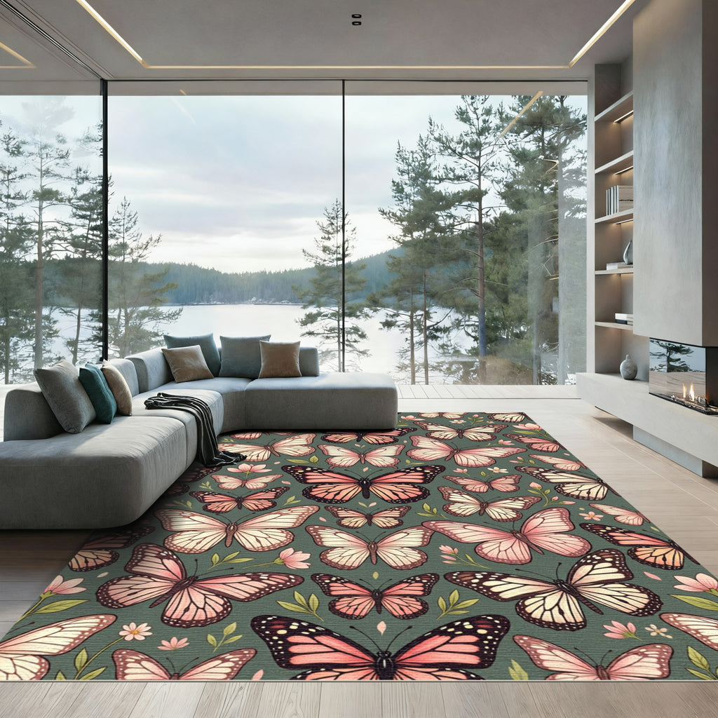 Whimsical Blush Butterfly Woodland Garden Rug