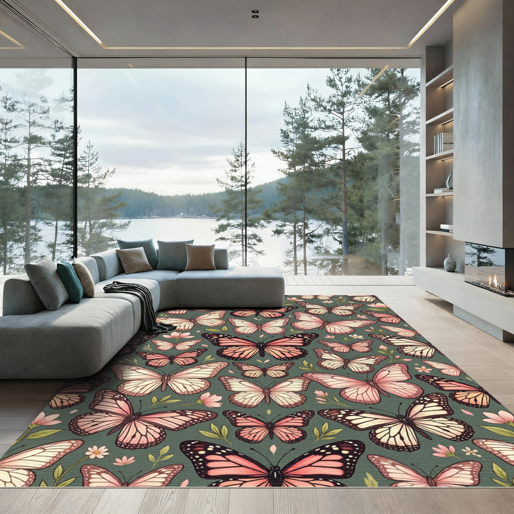 Whimsical Blush Butterfly Woodland Garden Rug