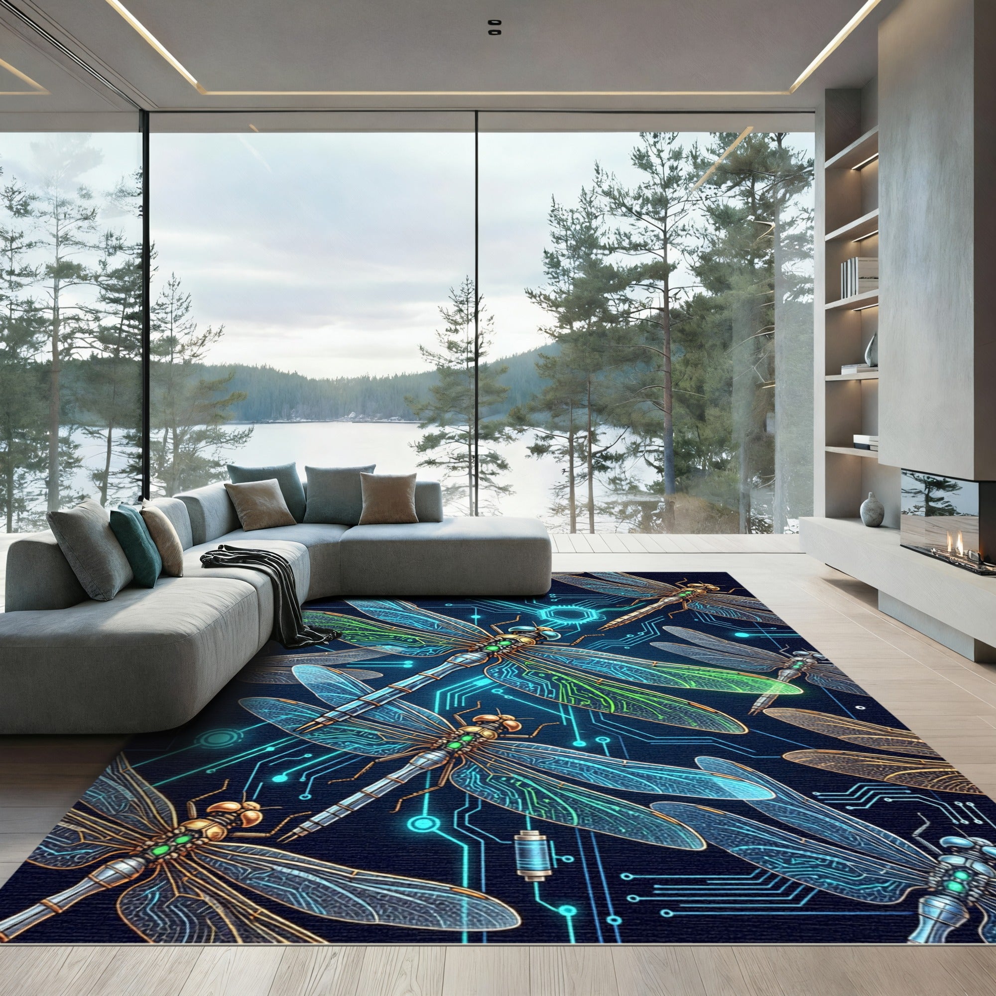 Neon Cyber Dragonfly Circuitry Art Rug