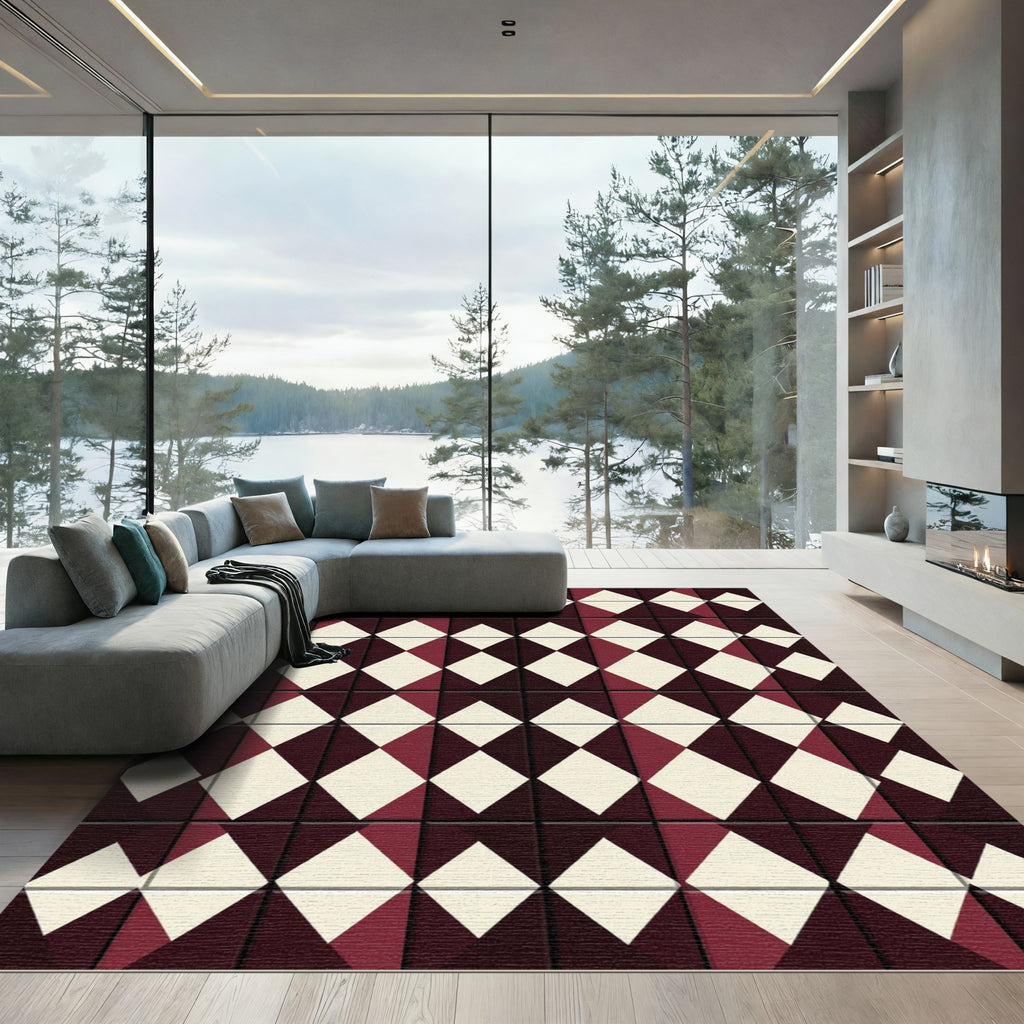 Burgundy Cream Diamond Grid Rug