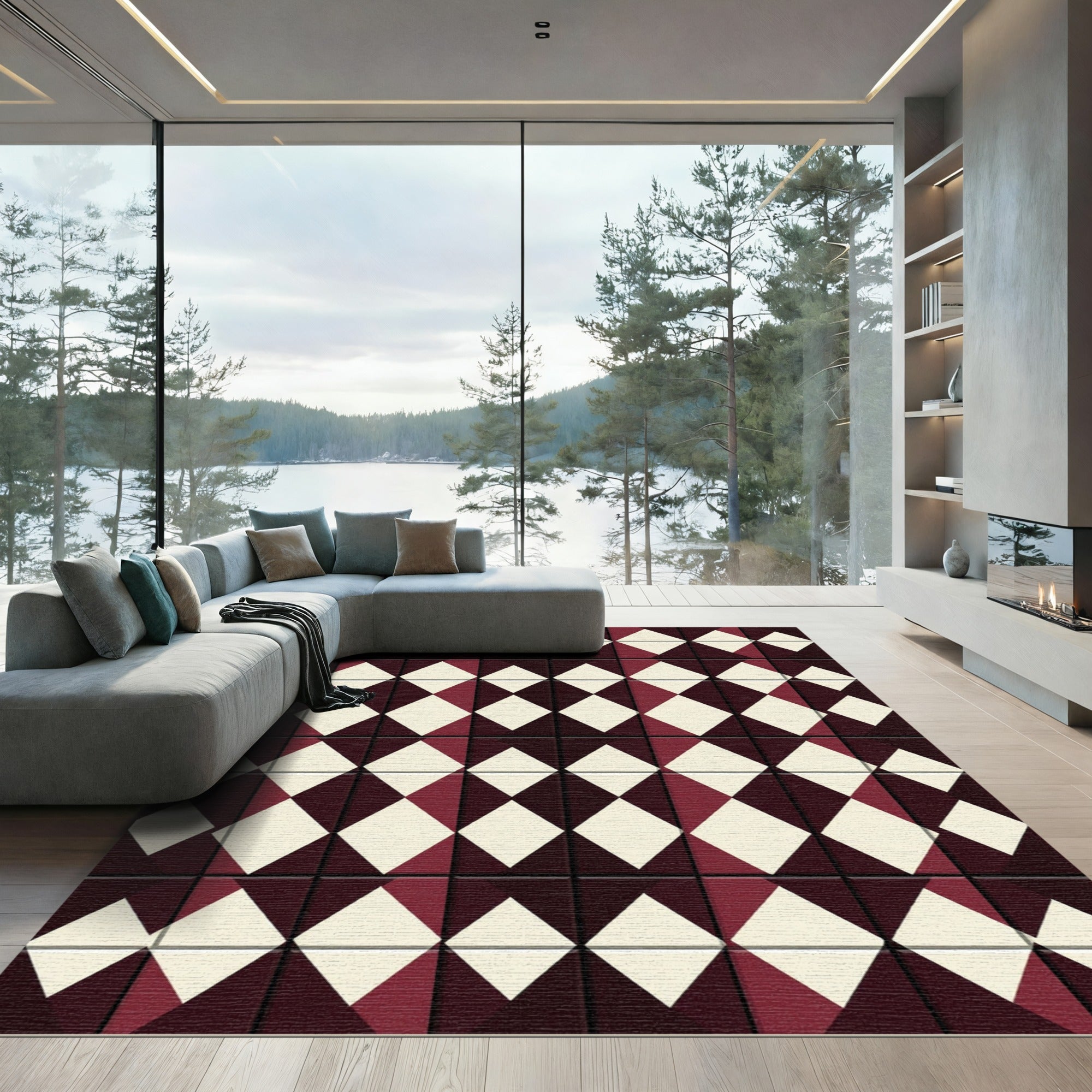 Burgundy Cream Diamond Grid Rug