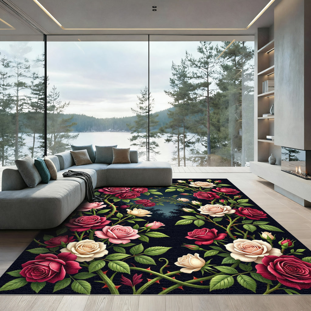 Crimson Pink White Rose Garden Swirl Rug