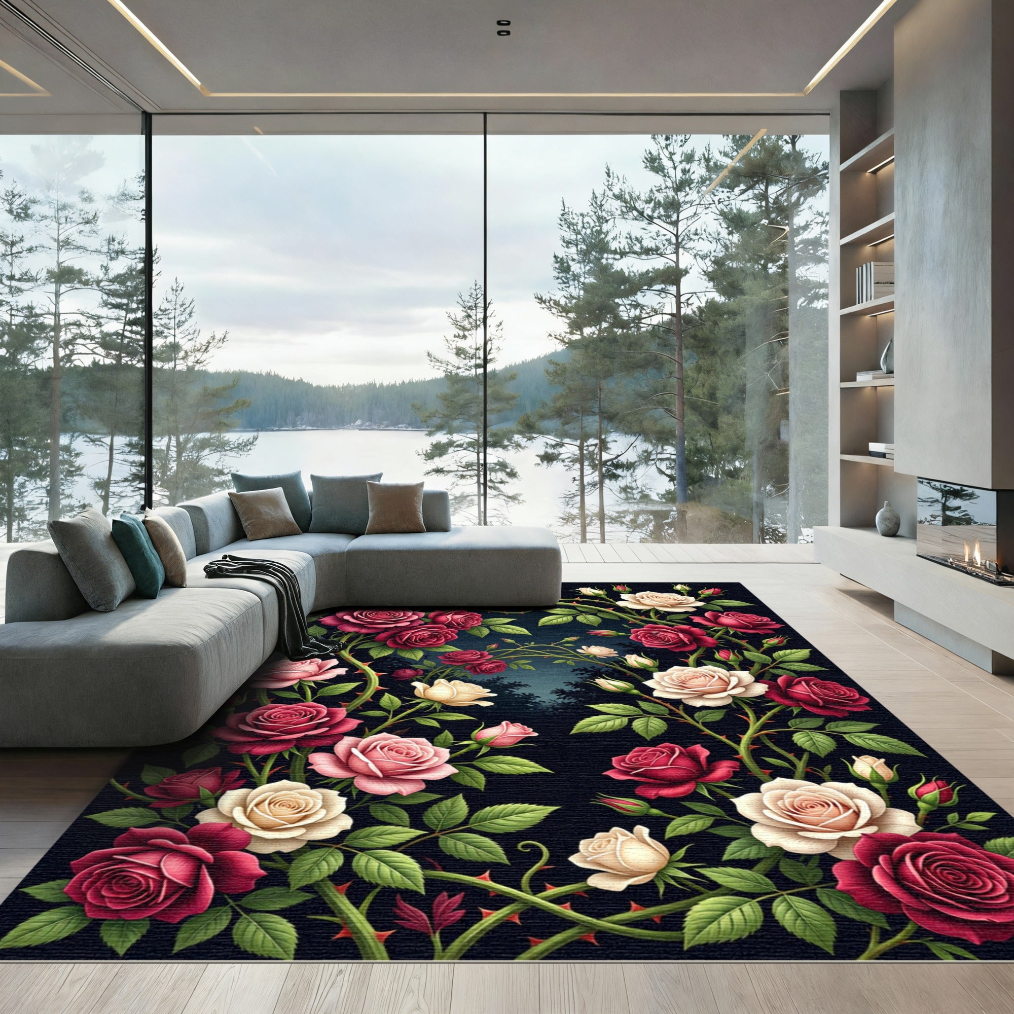 Crimson Pink White Rose Garden Swirl Rug