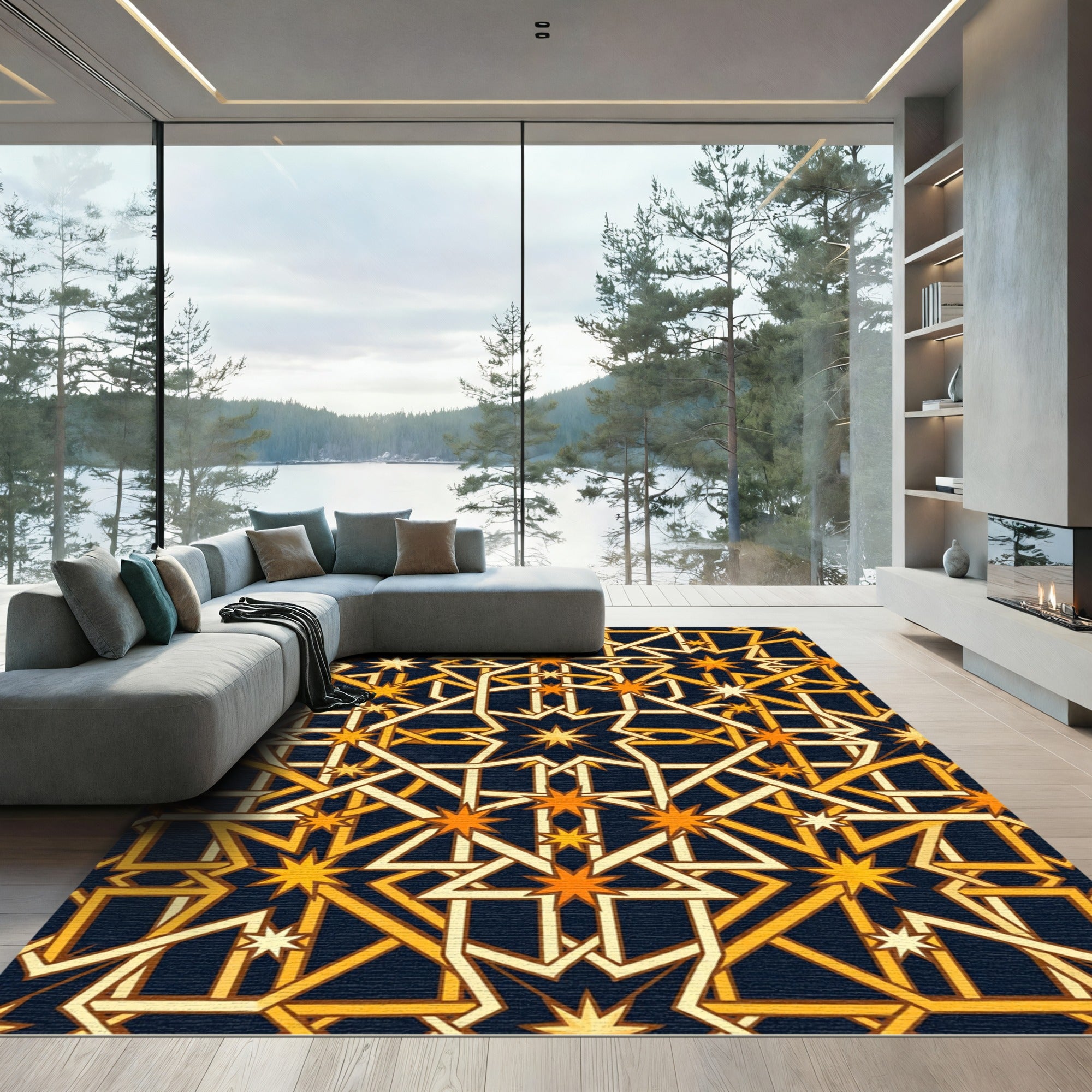 Golden Geometric Celestial Star Lattice Rug