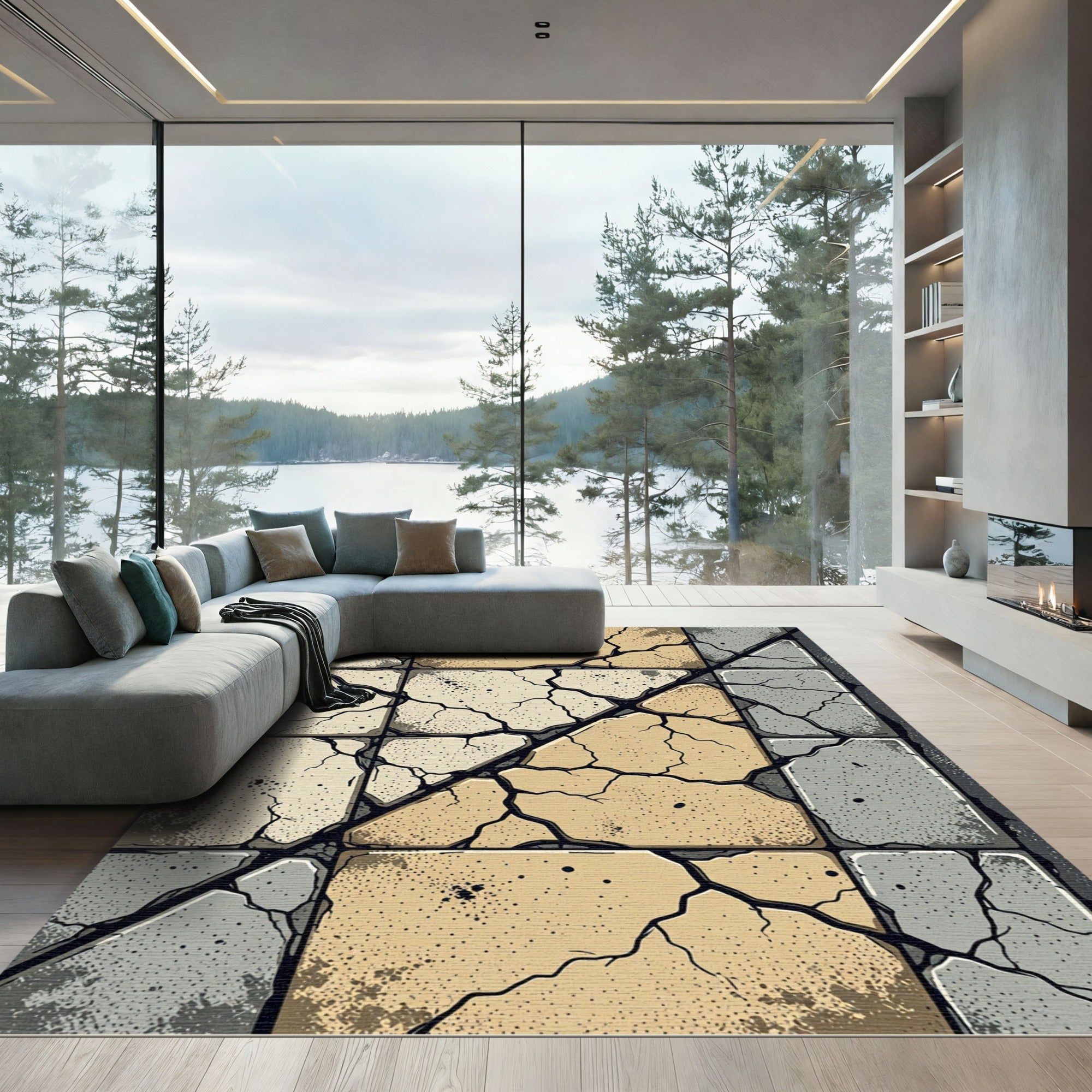 Cracked Stone Tile Geometric Composition Rug