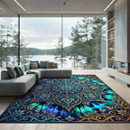 Deep Blue Teal Mandala Gold Frame Rug