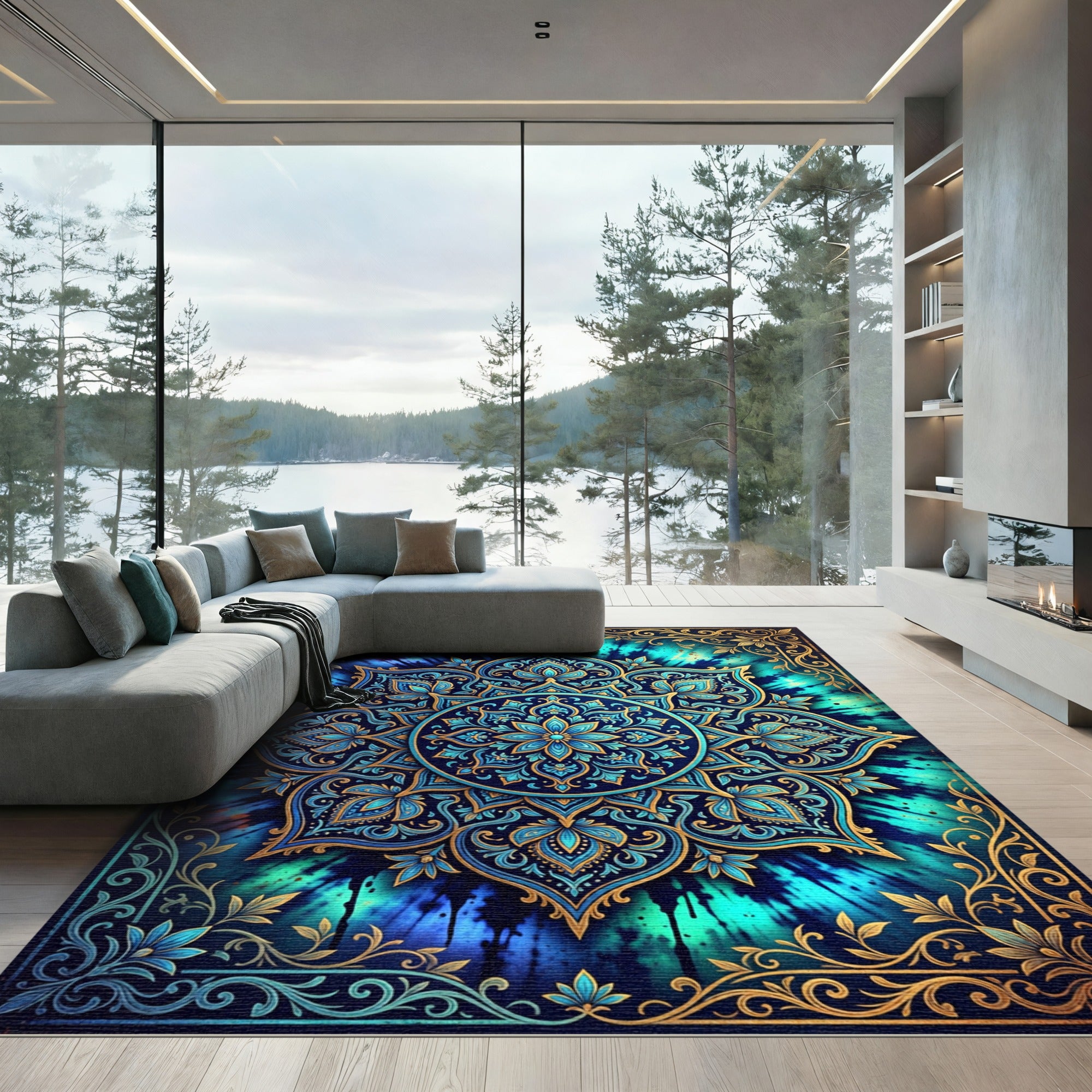 Deep Blue Teal Mandala Gold Frame Rug