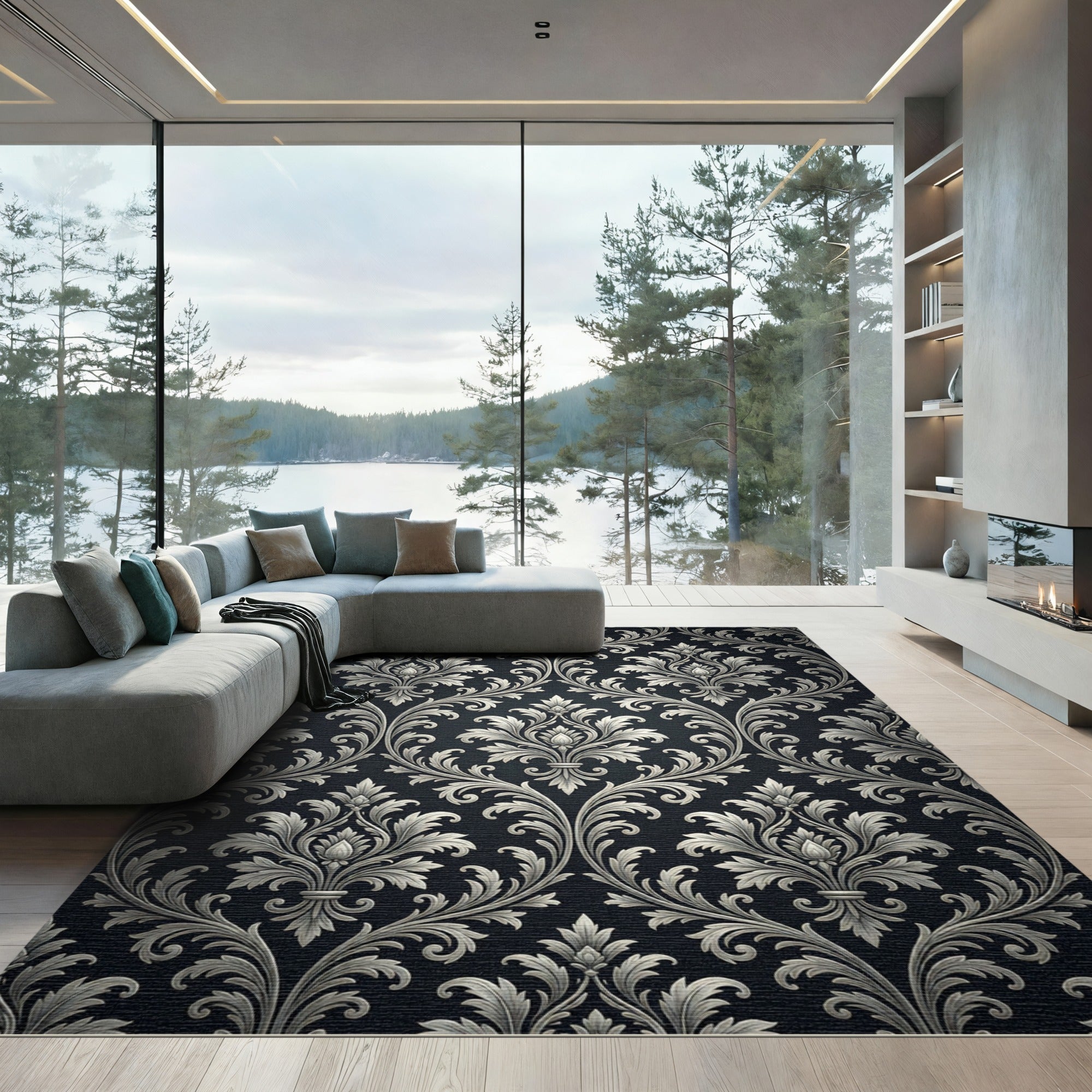 Classic Silver Damask Scroll Rug