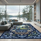 Blue Gold Floral Meadow Landscape Scroll Rug