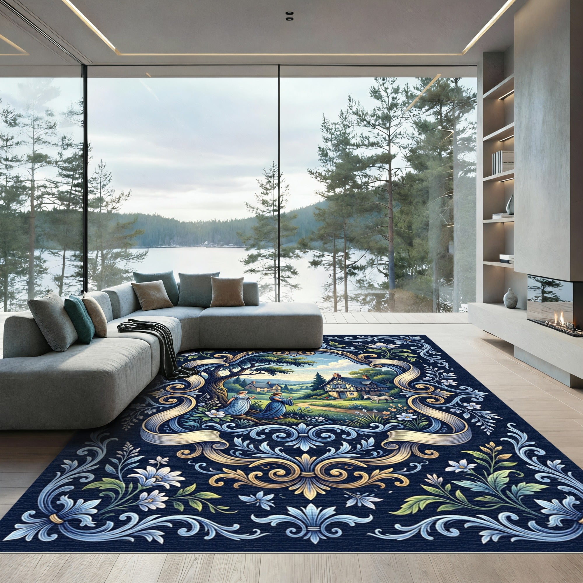 Blue Gold Floral Meadow Landscape Scroll Rug