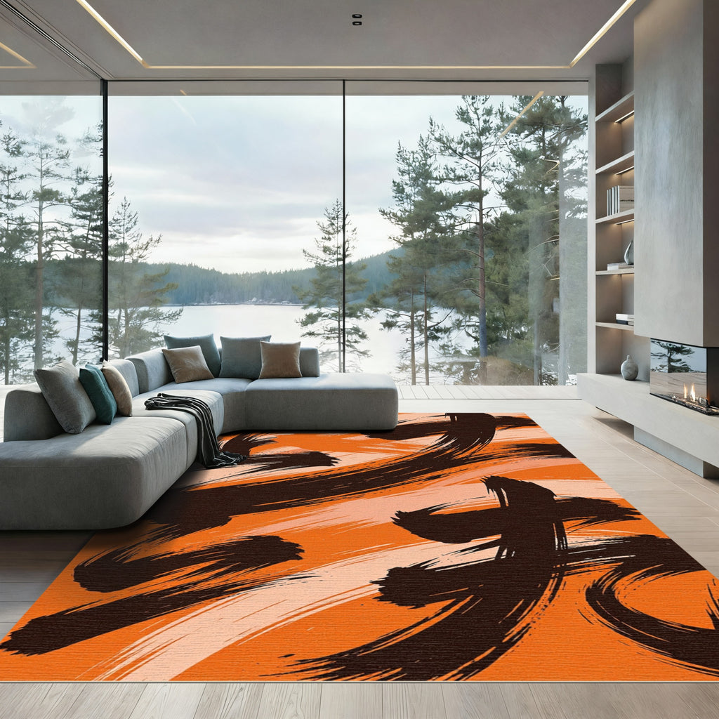 Bold Amber Black Abstract Brushstroke Rug