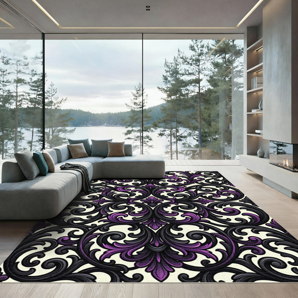 Elegant Black and Purple Baroque Scroll Rug