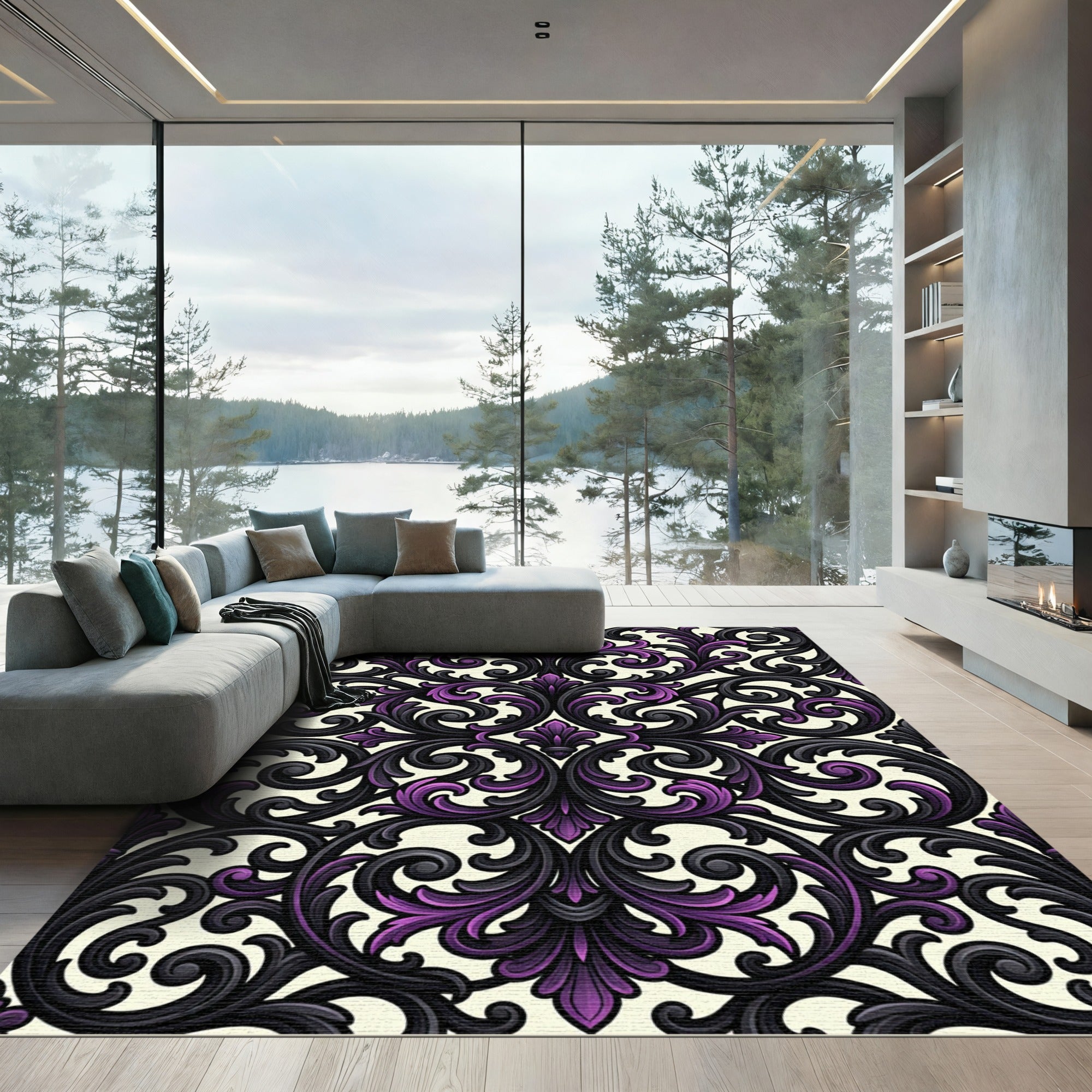 Elegant Black and Purple Baroque Scroll Rug