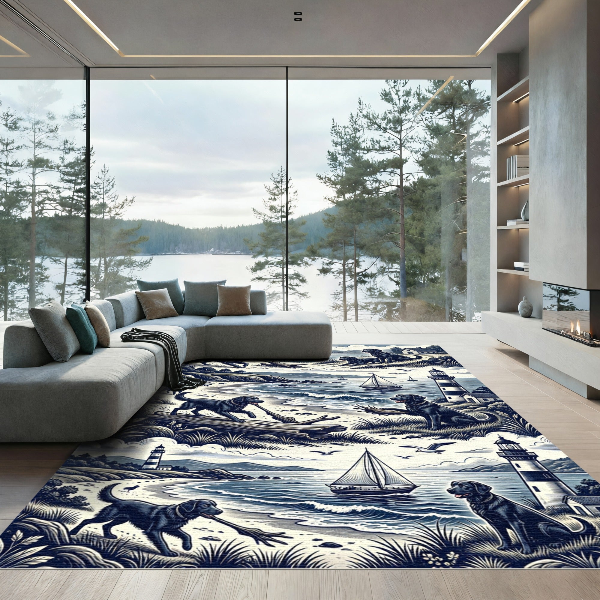 Coastal Black Labrador Sailor Etching Illustration Rug
