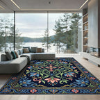 Elegant Navy Floral Botanical Medallion Rug