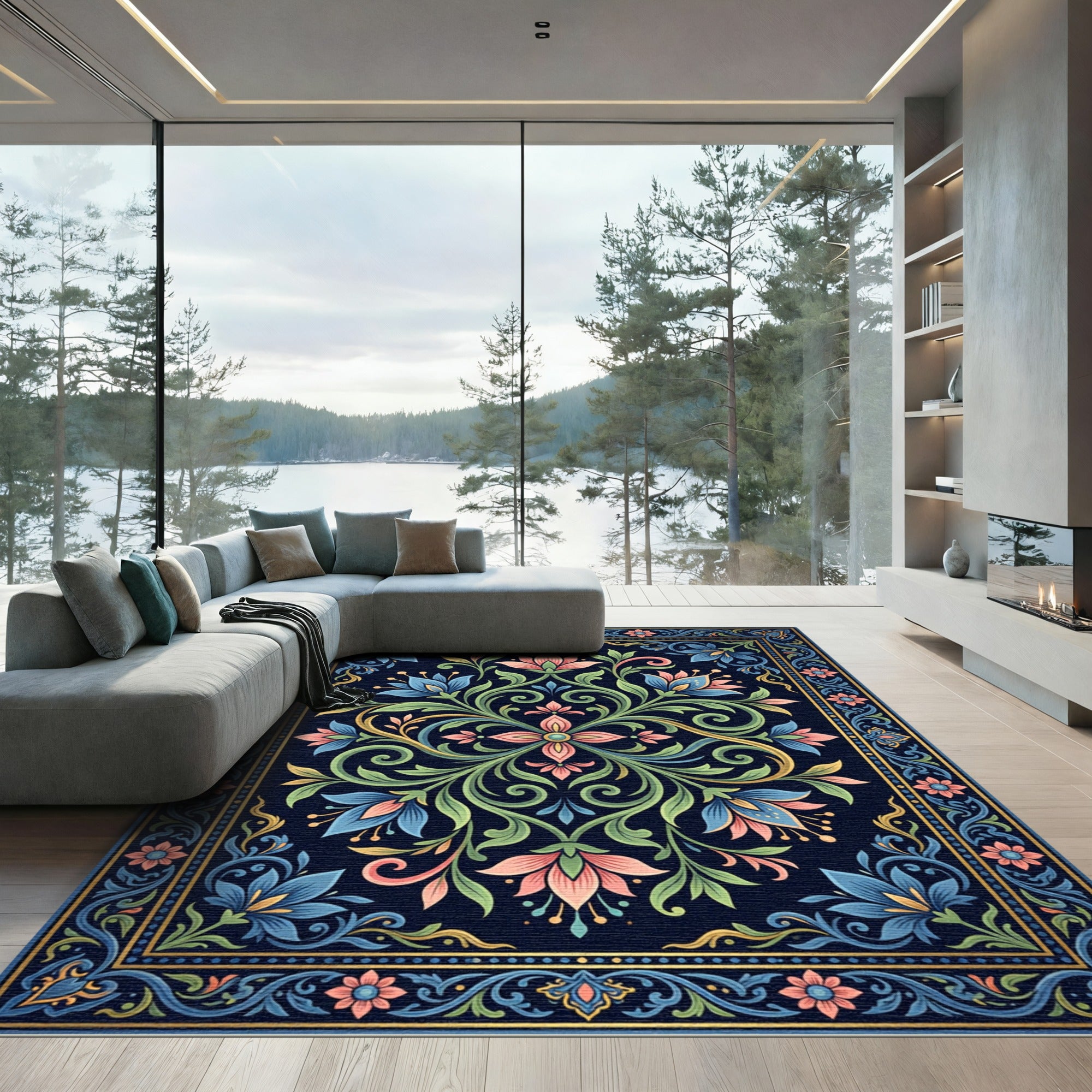 Elegant Navy Floral Botanical Medallion Rug