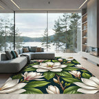 White Magnolia Bloom Dark Teal Garden Rug