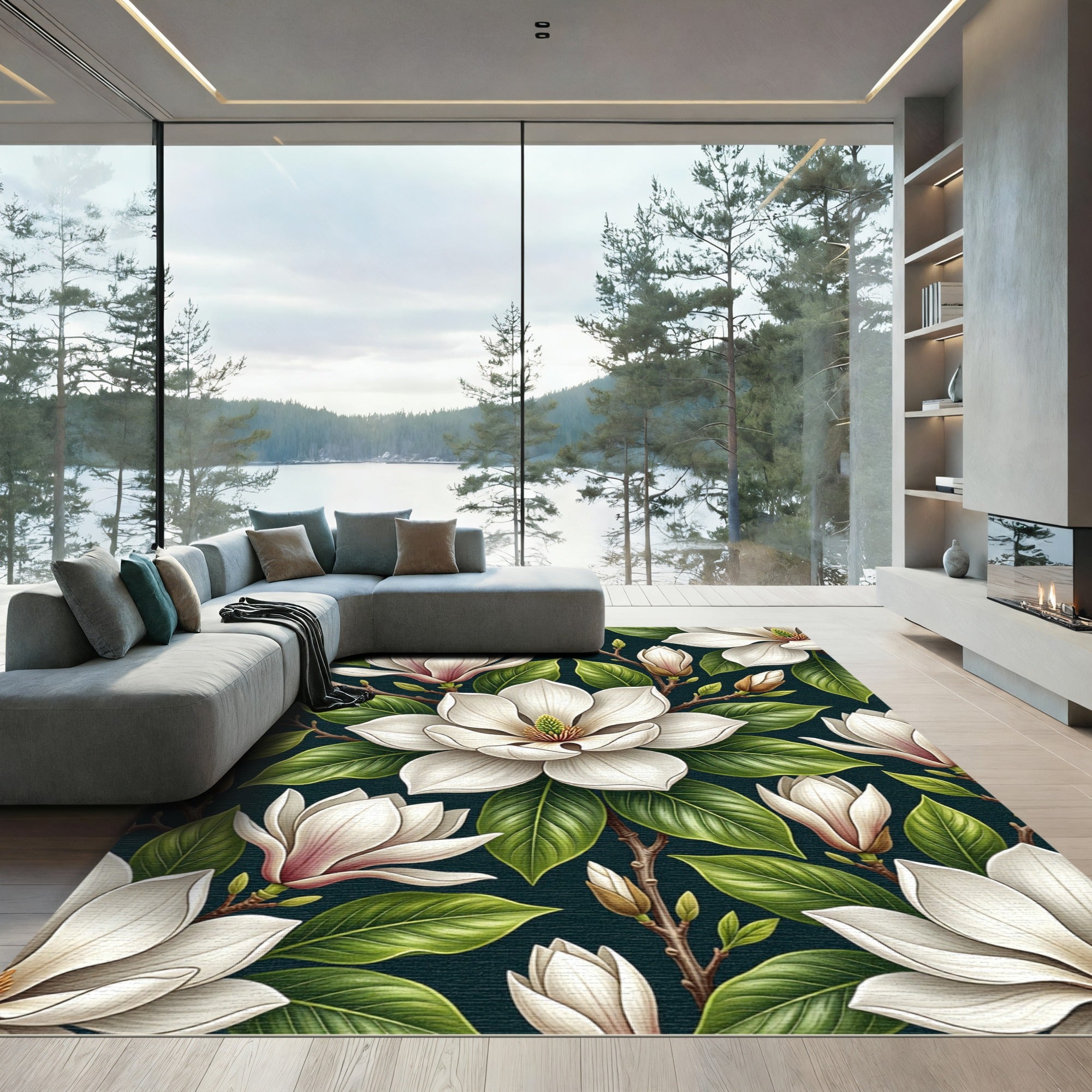 White Magnolia Bloom Dark Teal Garden Rug
