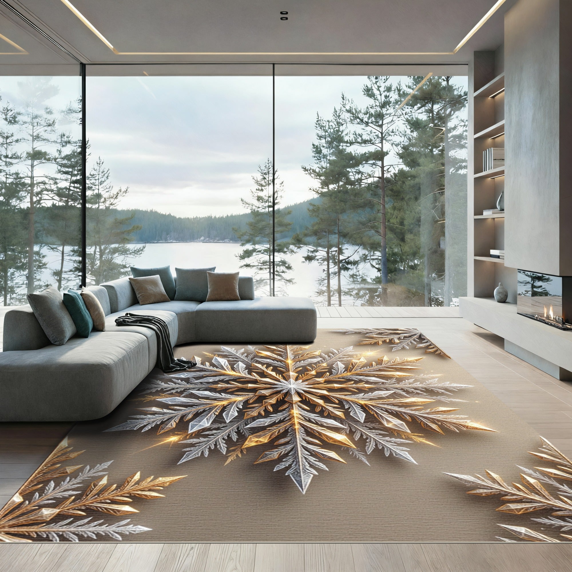 Golden Silver Radiant Snowflake Star Rug
