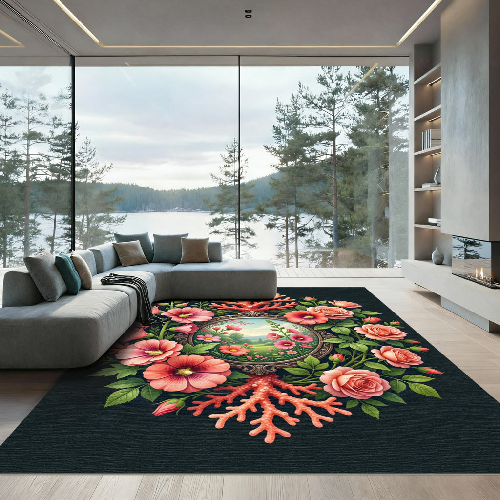 Coral Floral Meadow Mirror Round Frame Rug