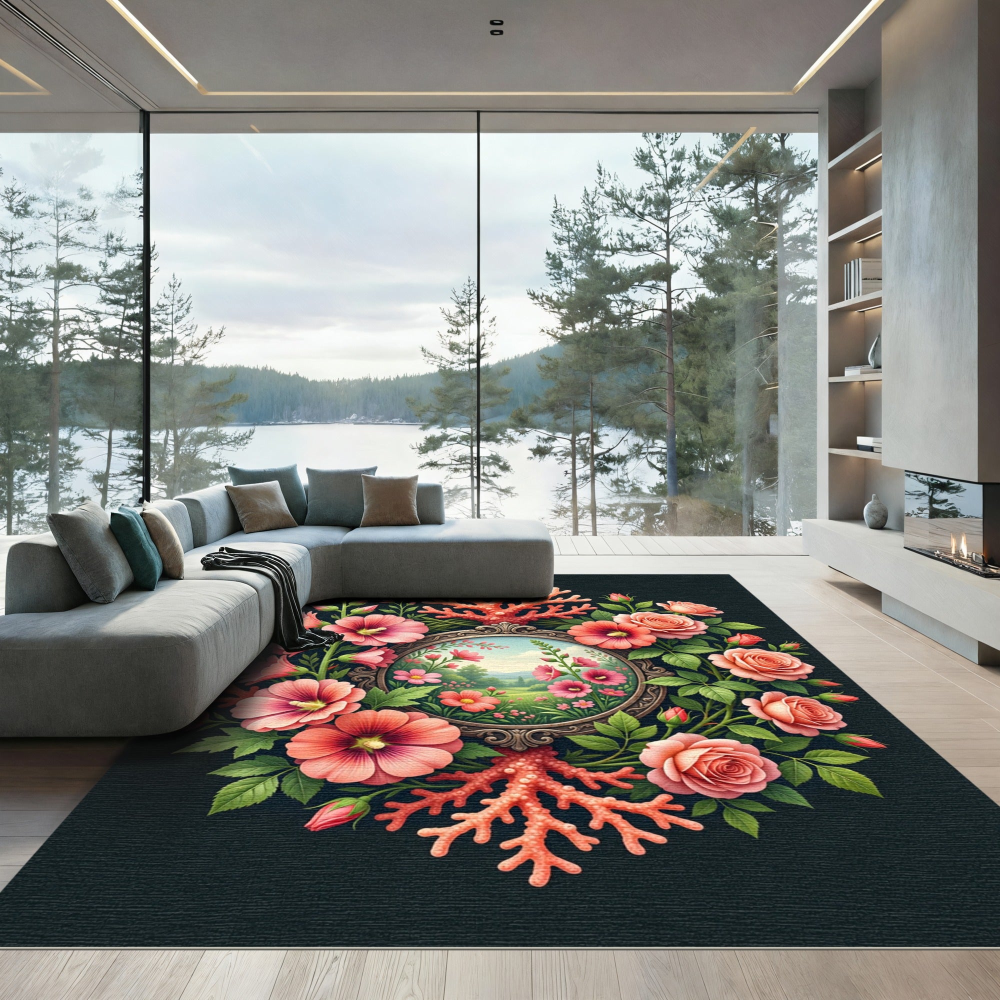 Coral Floral Meadow Mirror Round Frame Rug