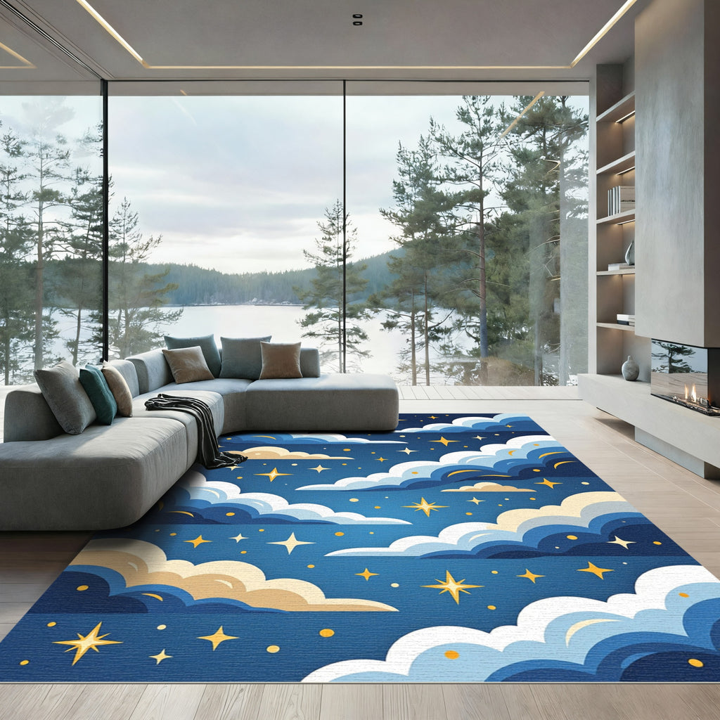 Celestial Blue Starry Night Clouds Rug