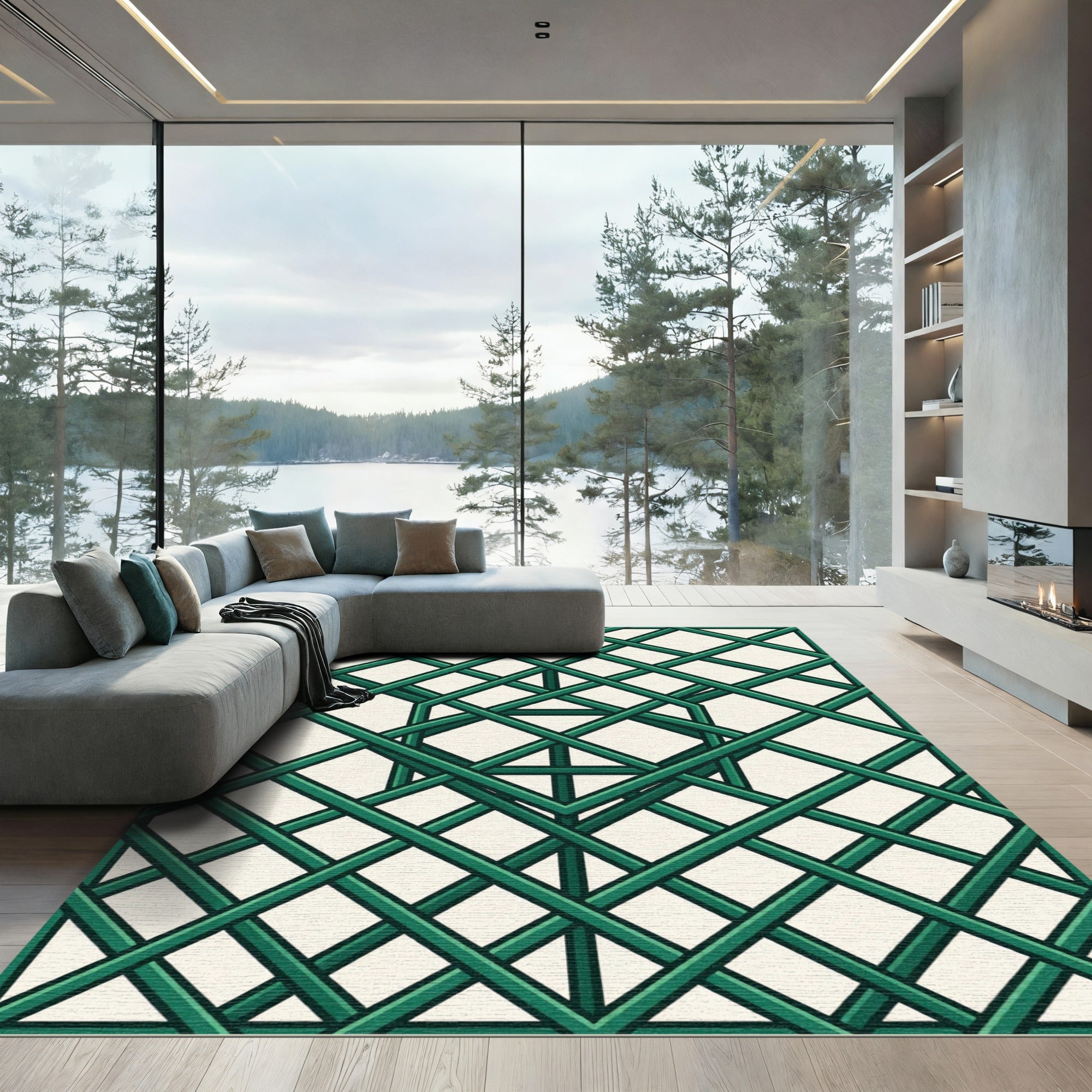 Geometric Intersecting Emerald Grid Rug