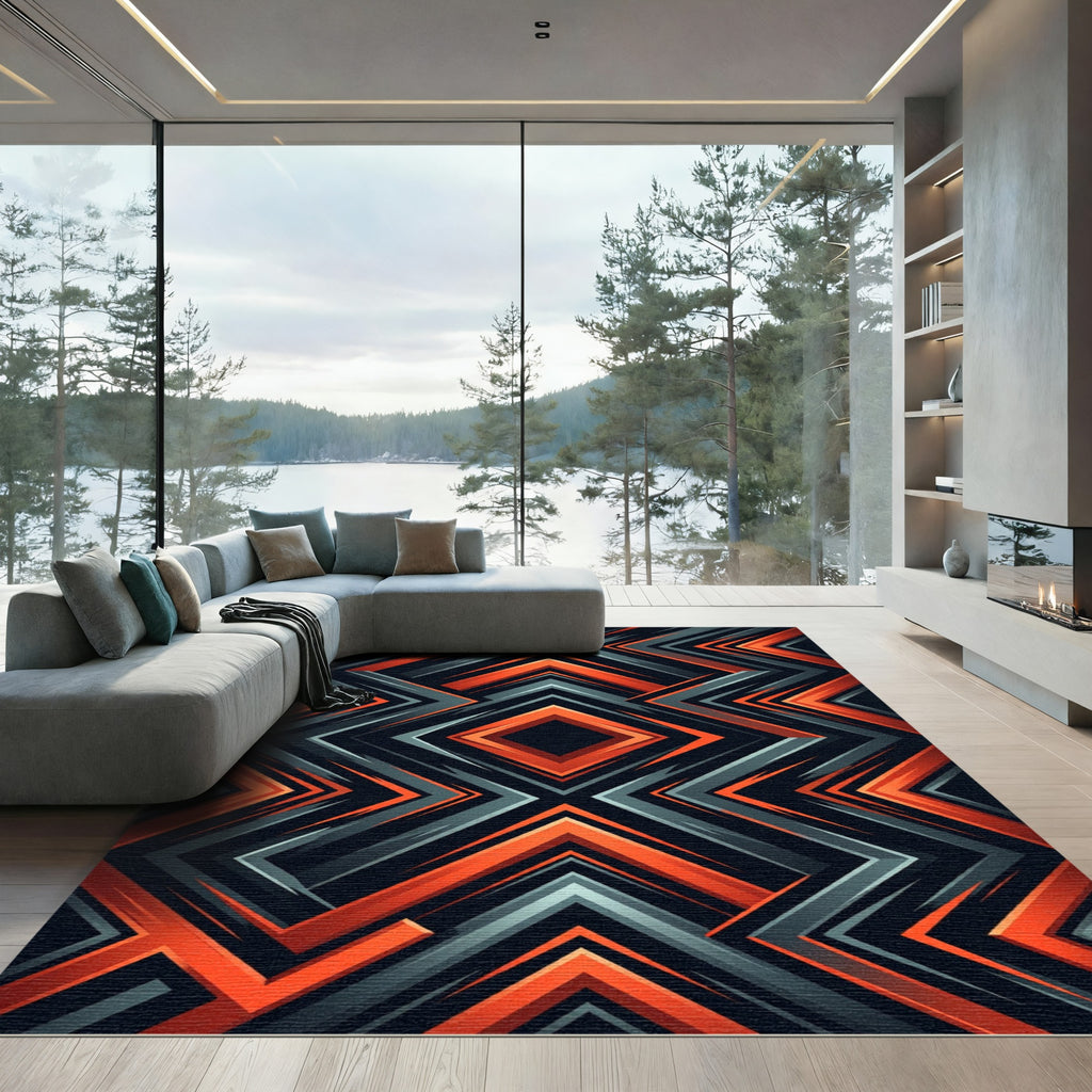 Bold Orange and Charcoal Geometric Chevron Rug