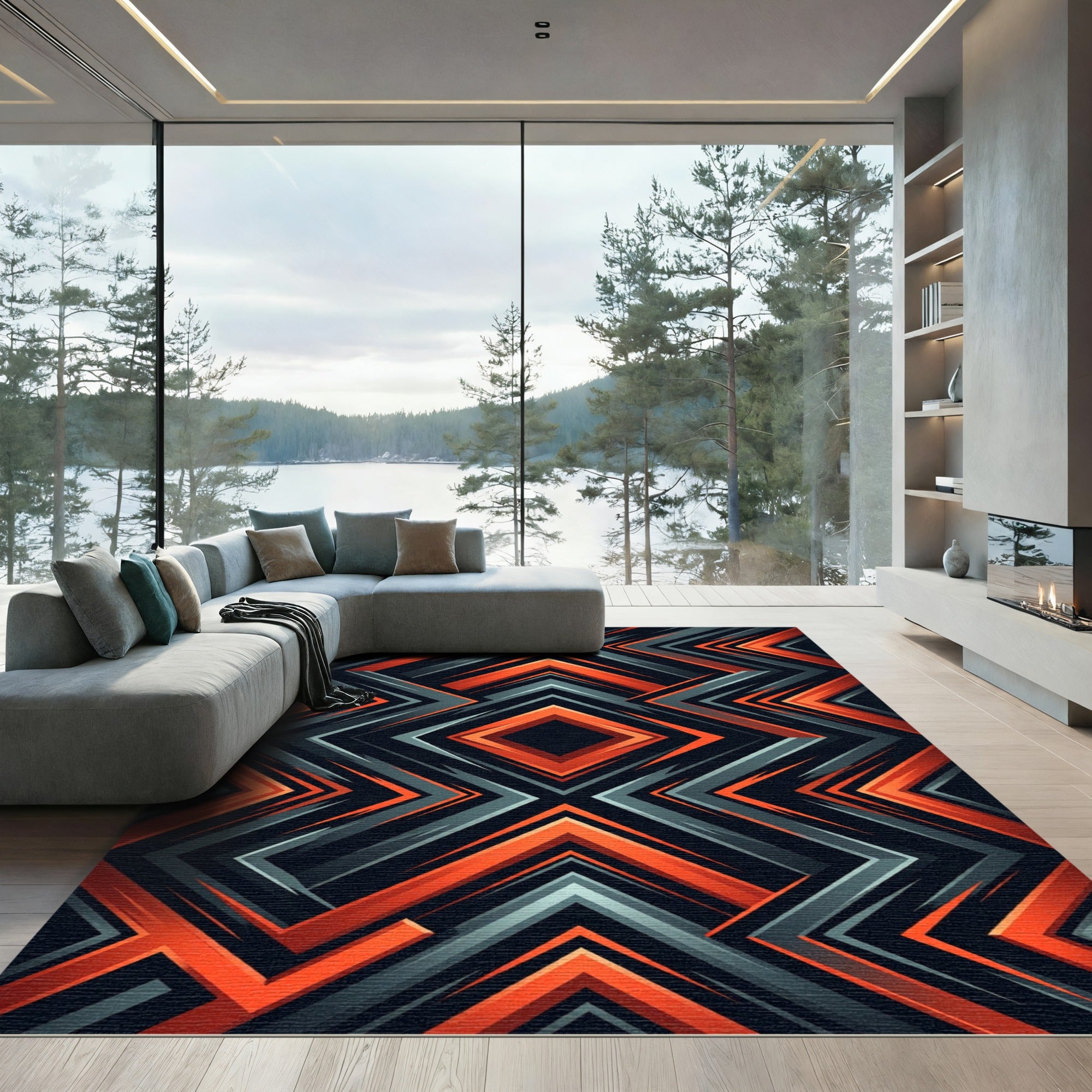Bold Orange and Charcoal Geometric Chevron Rug