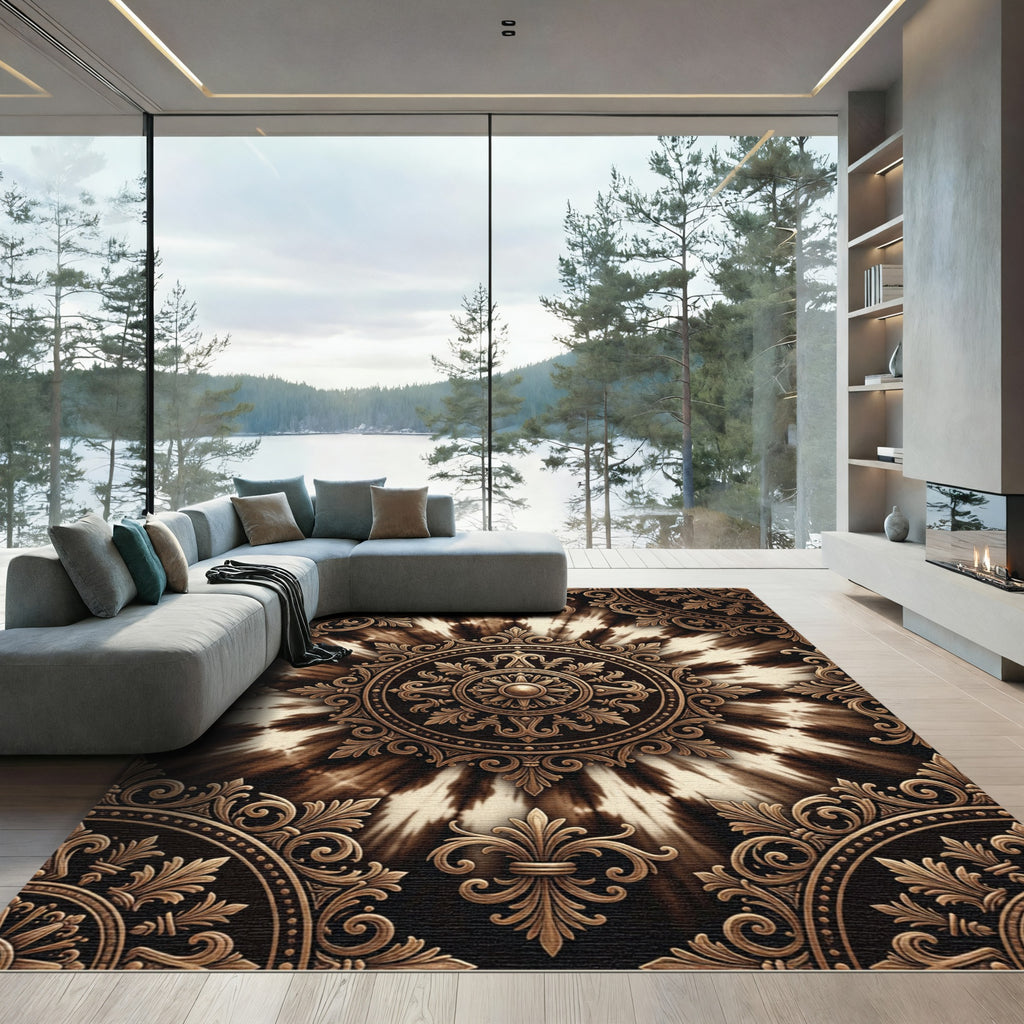 Ornate Golden Baroque Radial Sunburst Rug