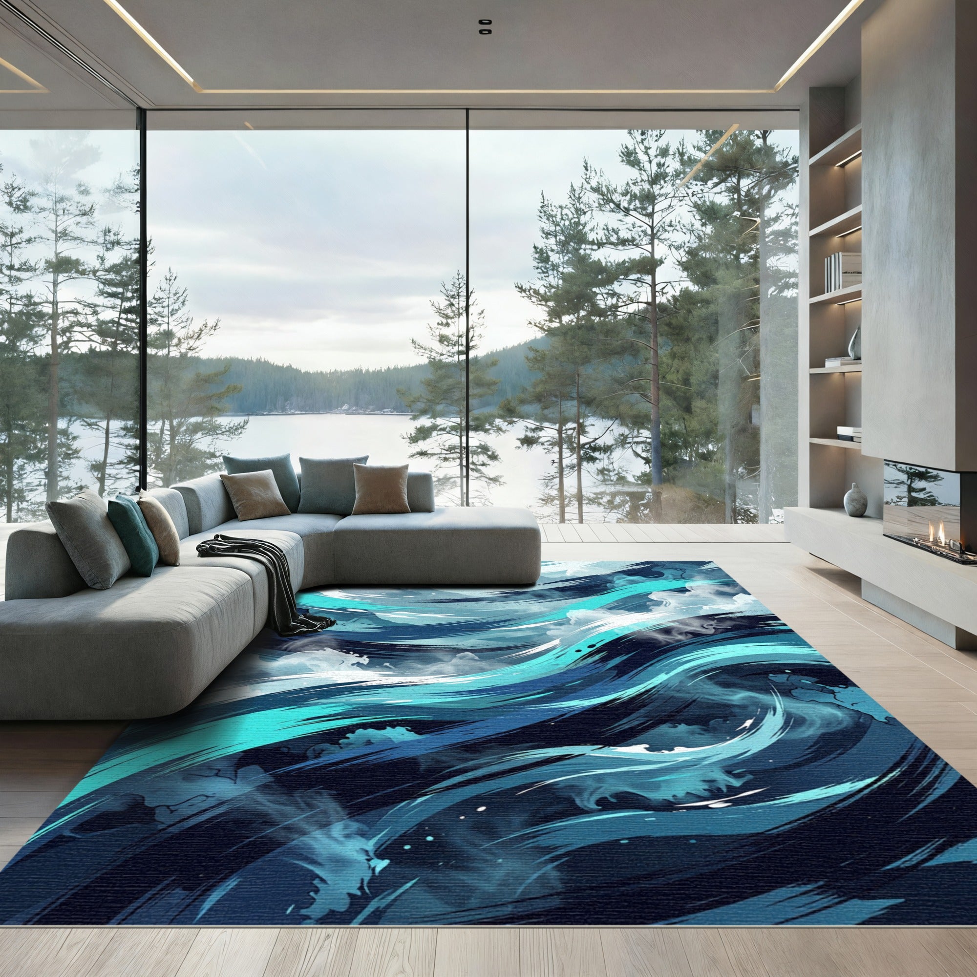 Dynamic Teal And Blue Ocean Swirls Rug