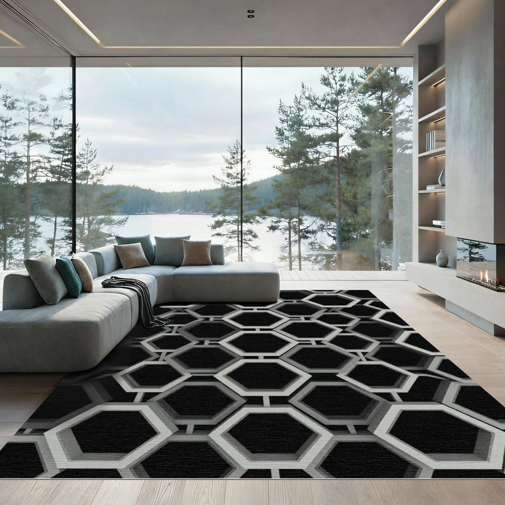 Gray Interlocking Hexagon Geometric Rug