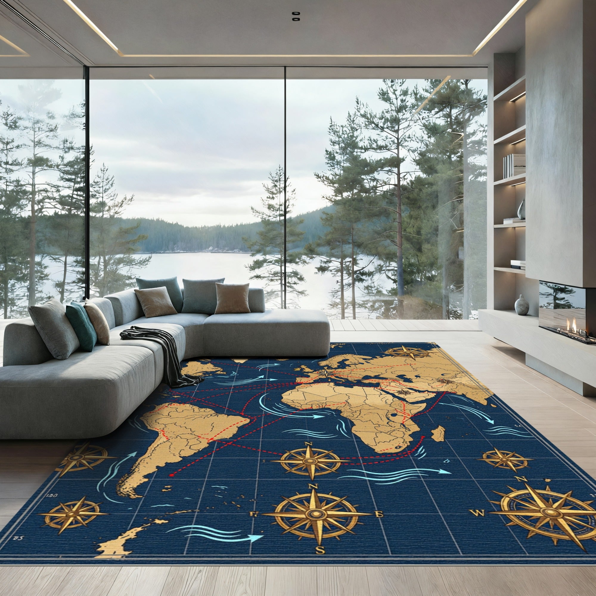 Antique Maritime World Map Navigation Chart Rug