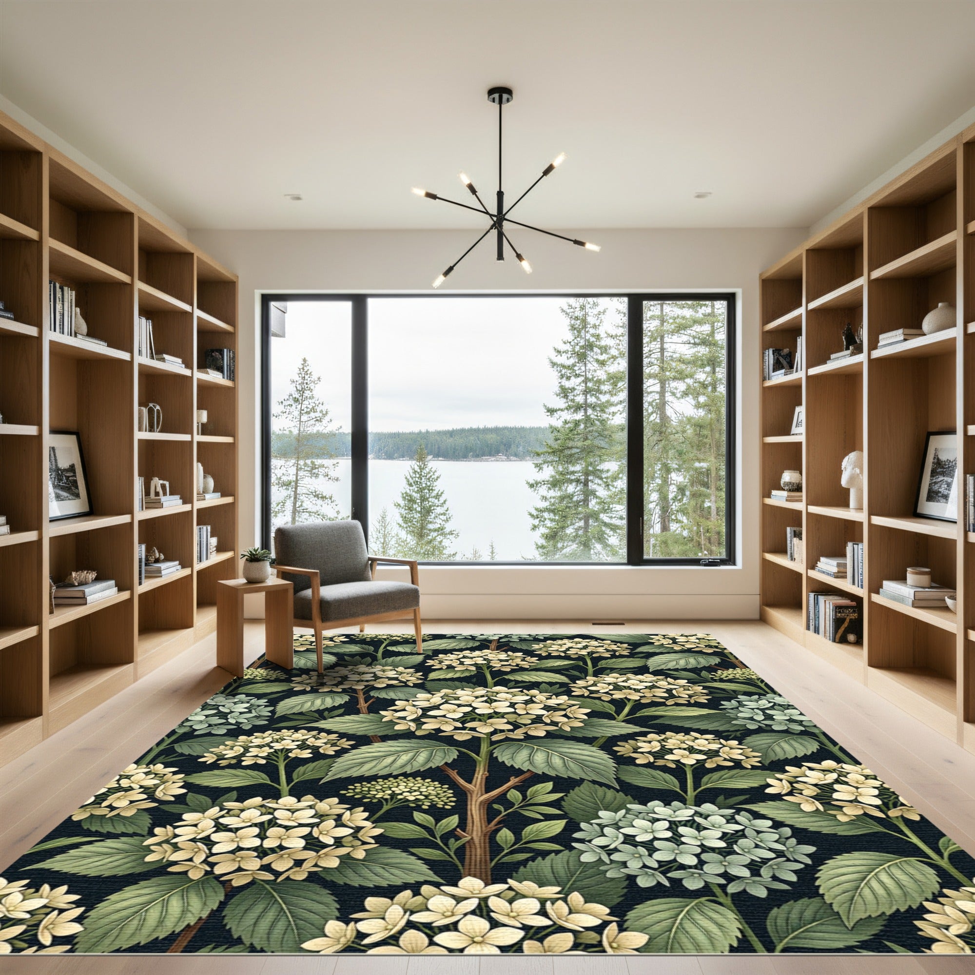 Cream Hydrangea Botanical Midnight Floral Rug