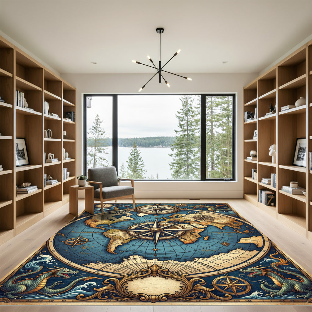 Vintage Dragon World Map Compass Rose Rug