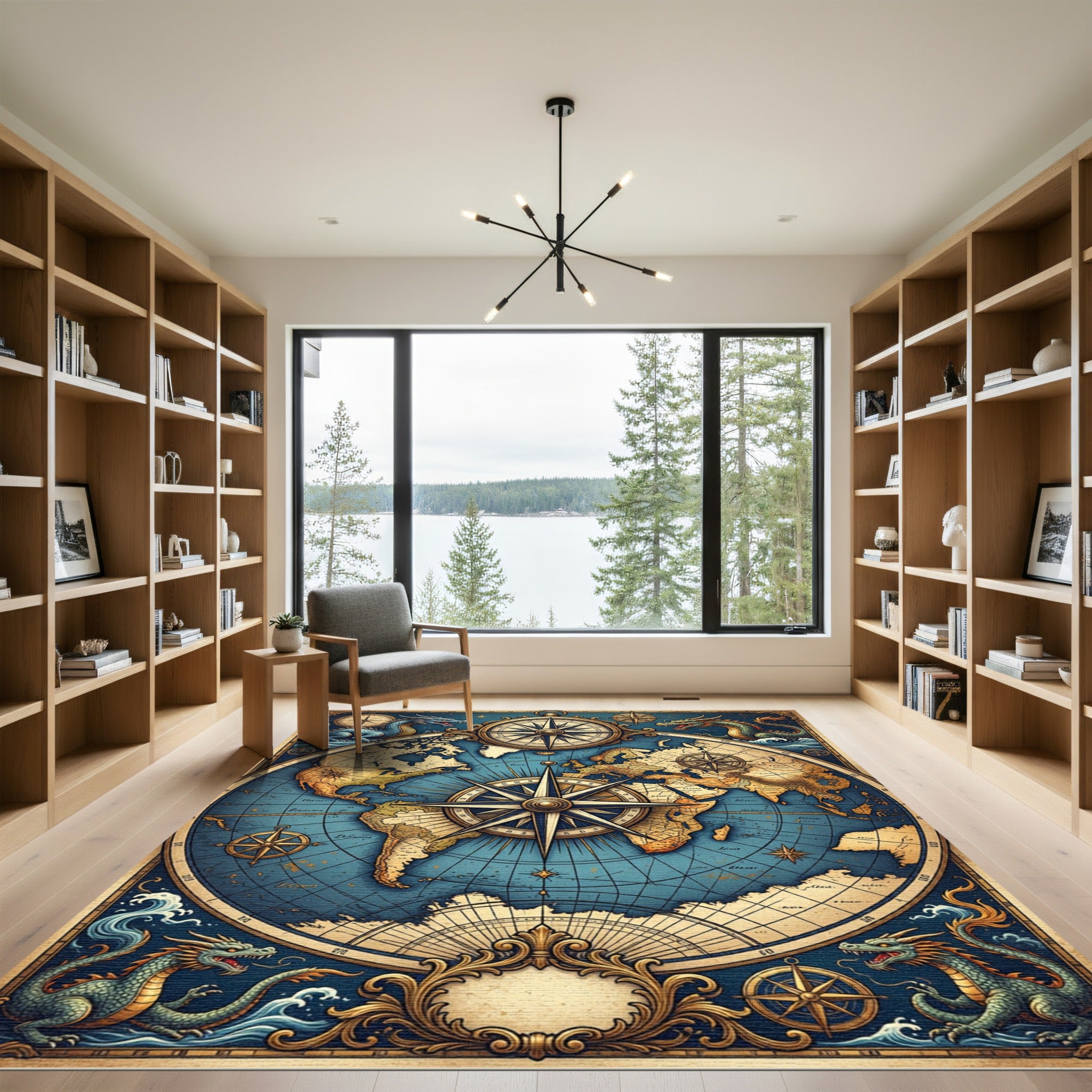 Vintage Dragon World Map Compass Rose Rug