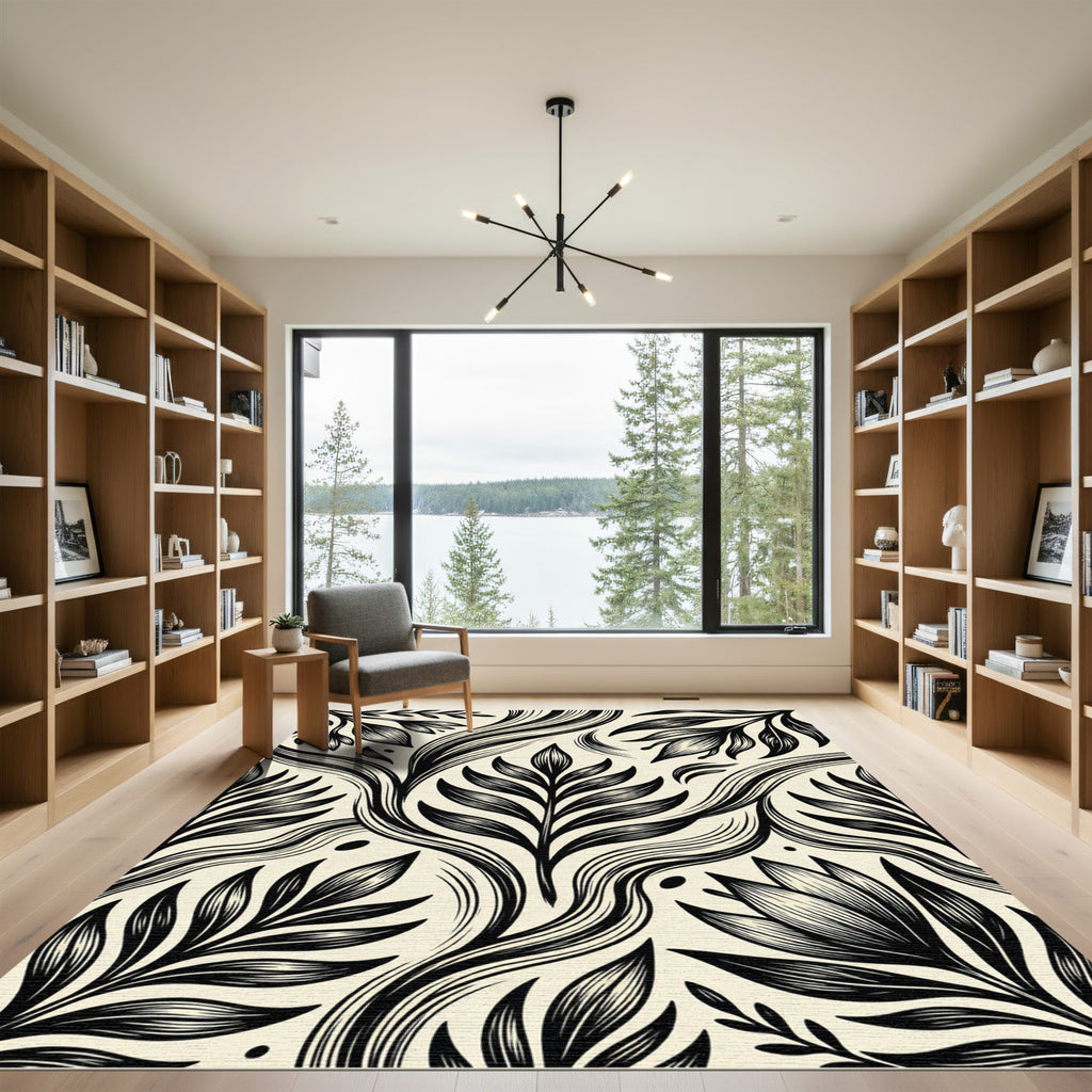 Bold Black Botanical Floral Swirls Rug