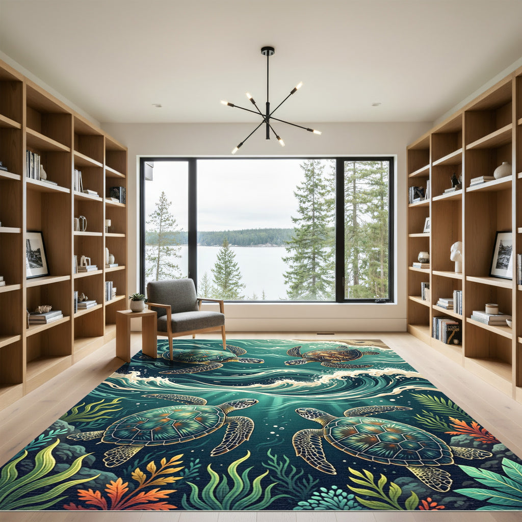 Ethereal Sea Turtle Ocean Wave Art Rug