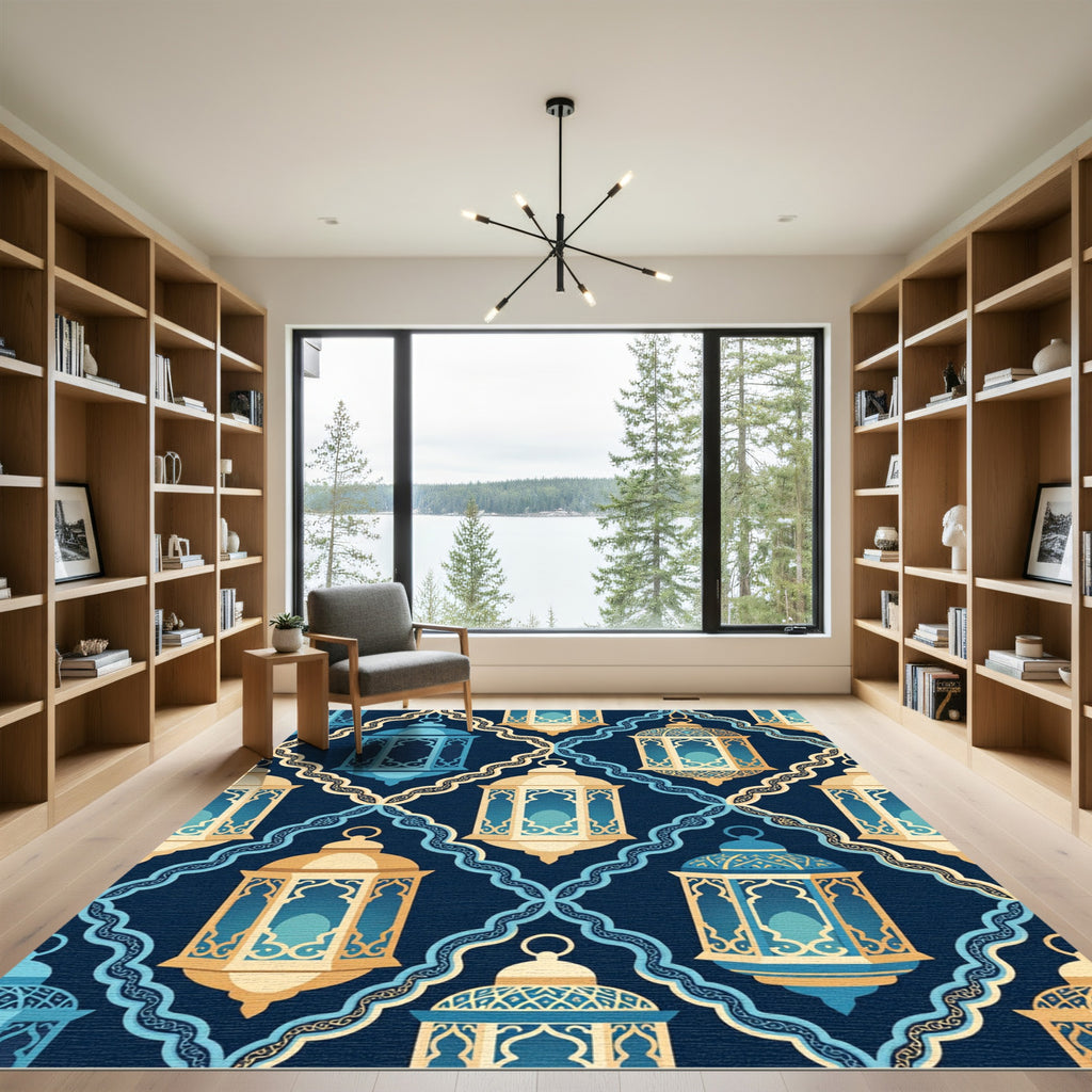Golden Blue Lantern Arabesque Rug