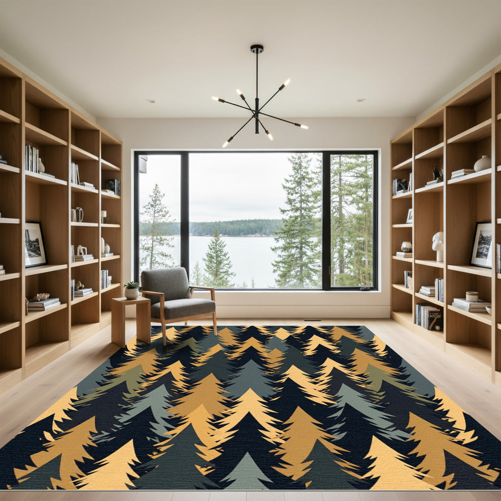 Golden Forest Pine Needle Silhouette Rug