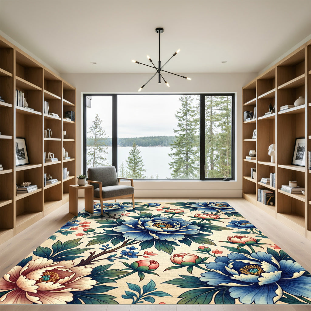 Botanical Blue Peony Floral Tapestry Rug