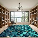 Teal Geometric Lattice with Golden Rosettes Rug