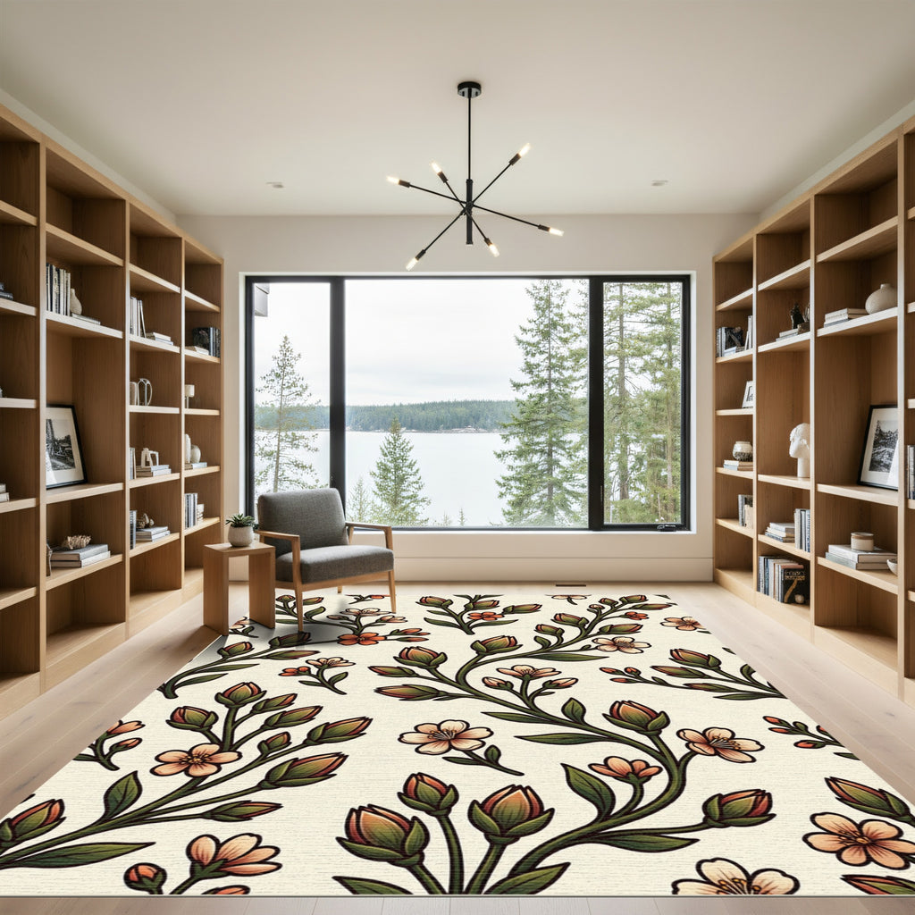 Coral Peach Blossom Branches Rug