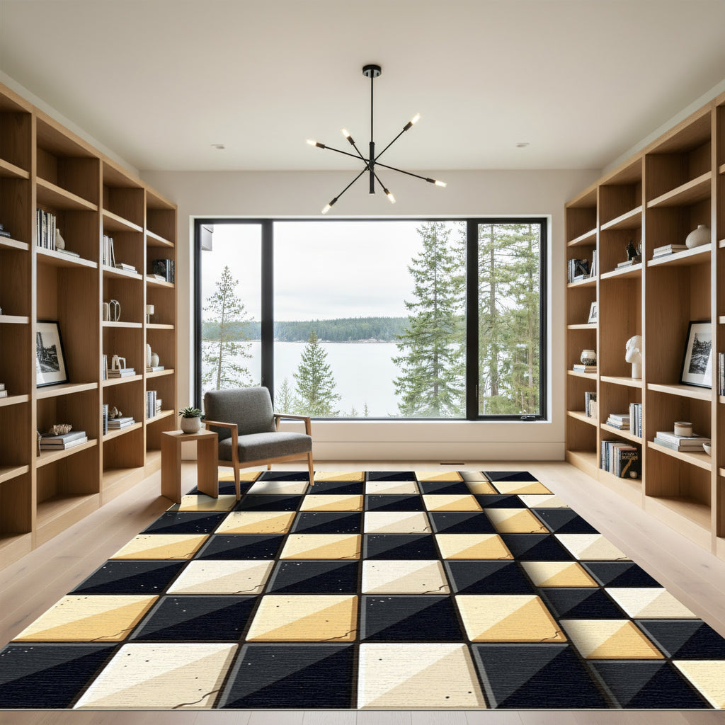 Black Gold Checkerboard Relief Tiles Rug