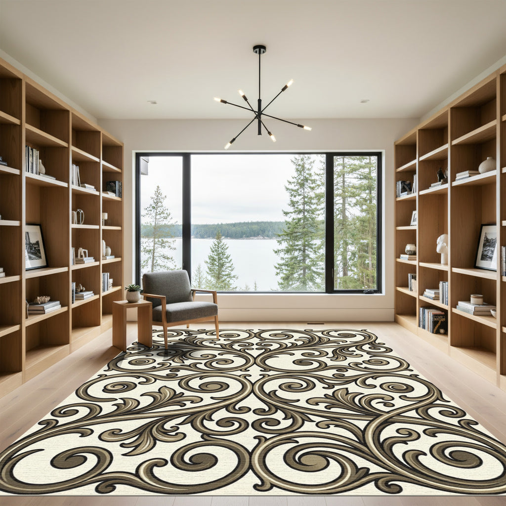 Elegant Brown Scrollwork Filigree Rug
