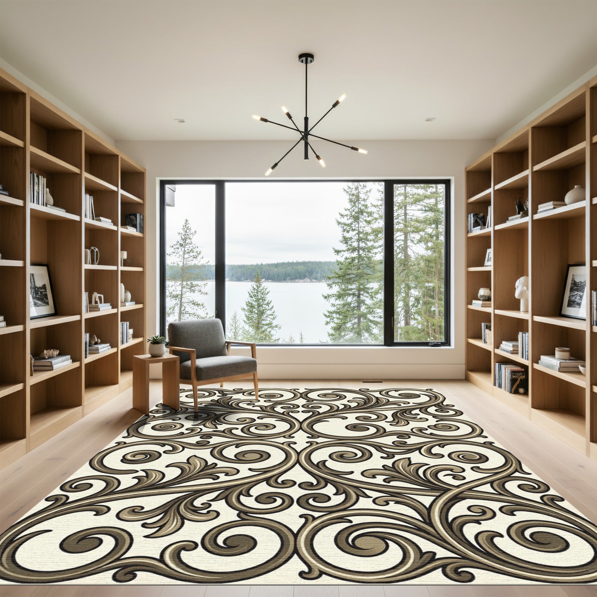Elegant Brown Scrollwork Filigree Rug