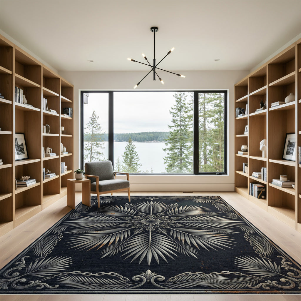 Metallic Silver Palm Leaf Mandala Rug